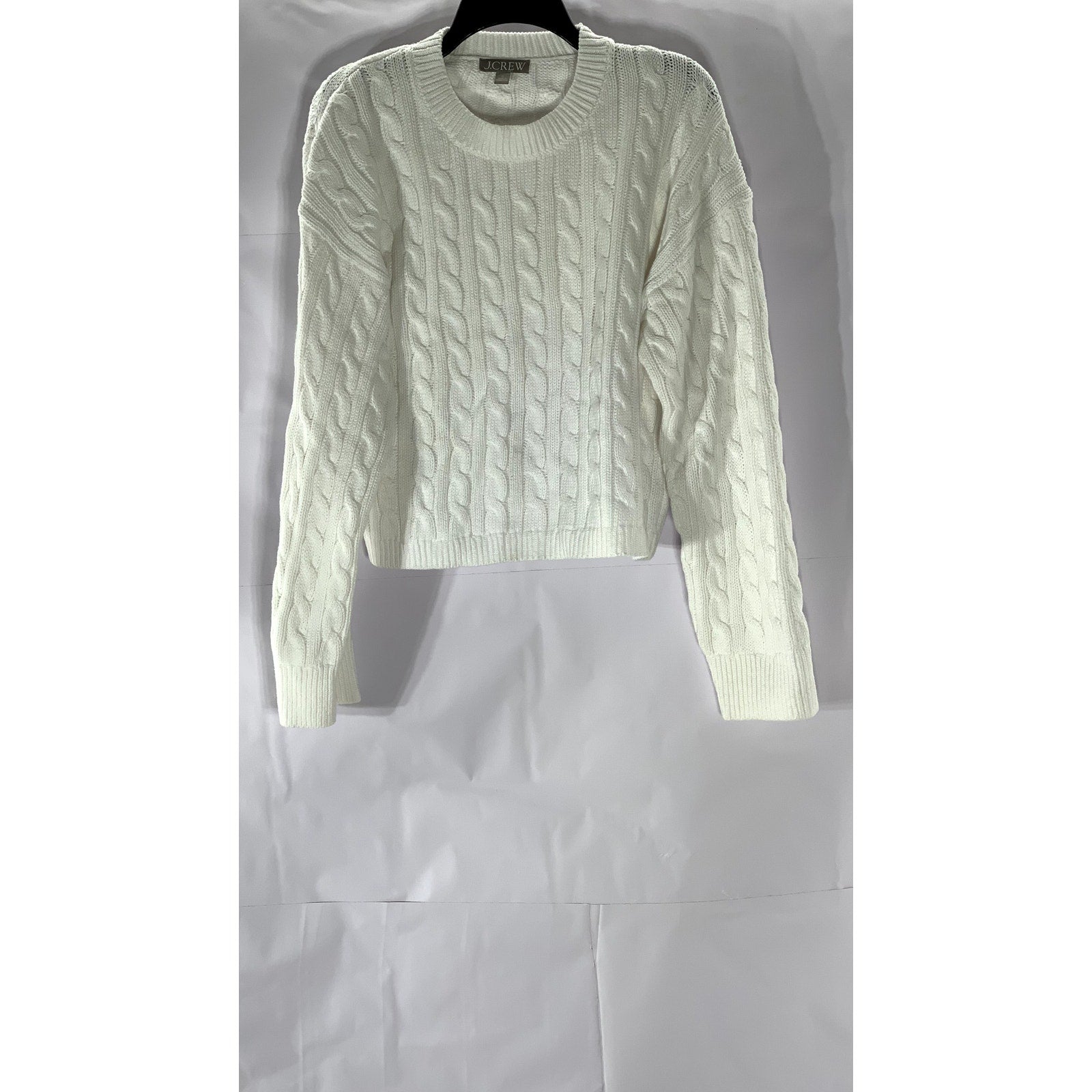 J.CREW Women's White Cable-Knit Crewneck Long Sleeve Cropped Sweater SZ M