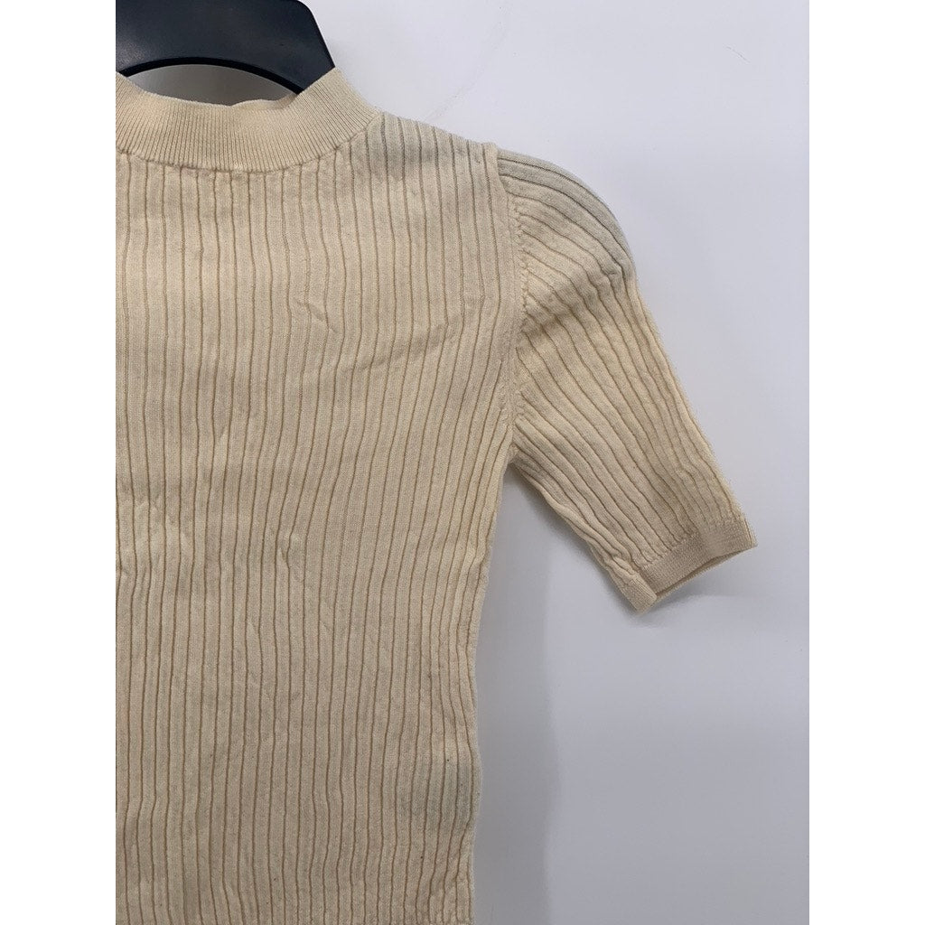 UNIQLO Women's Off-White Rib Knit Short Sleeve Cropped Mock-Neck Top SZ M