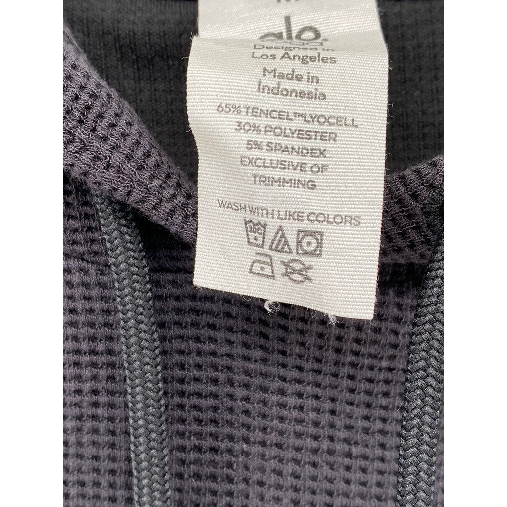 ALO YOGA Men's Black Micro Waffle Knit Pullover Lightweight Hoodie SZ M