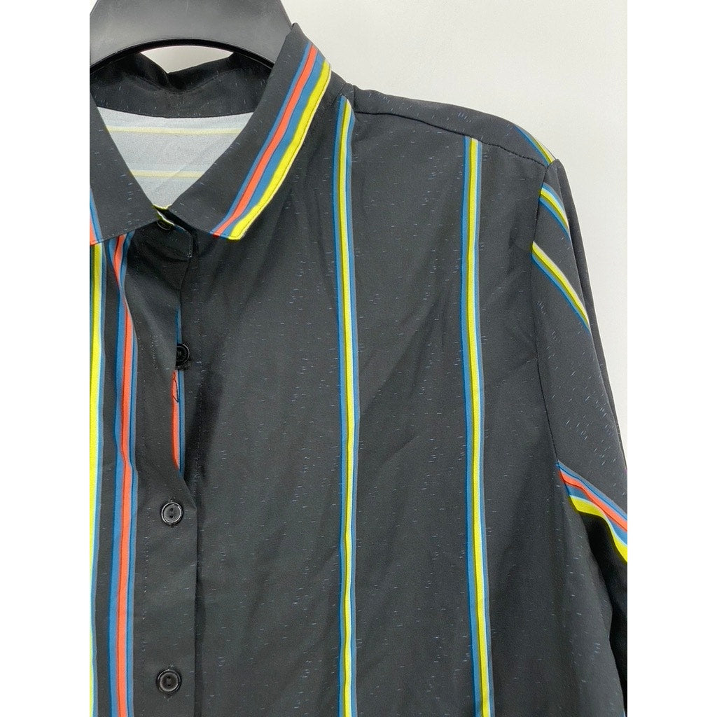 UNBRANDED Men's Black-Green Striped Button-Up Long Sleeve Shirt SZ XL