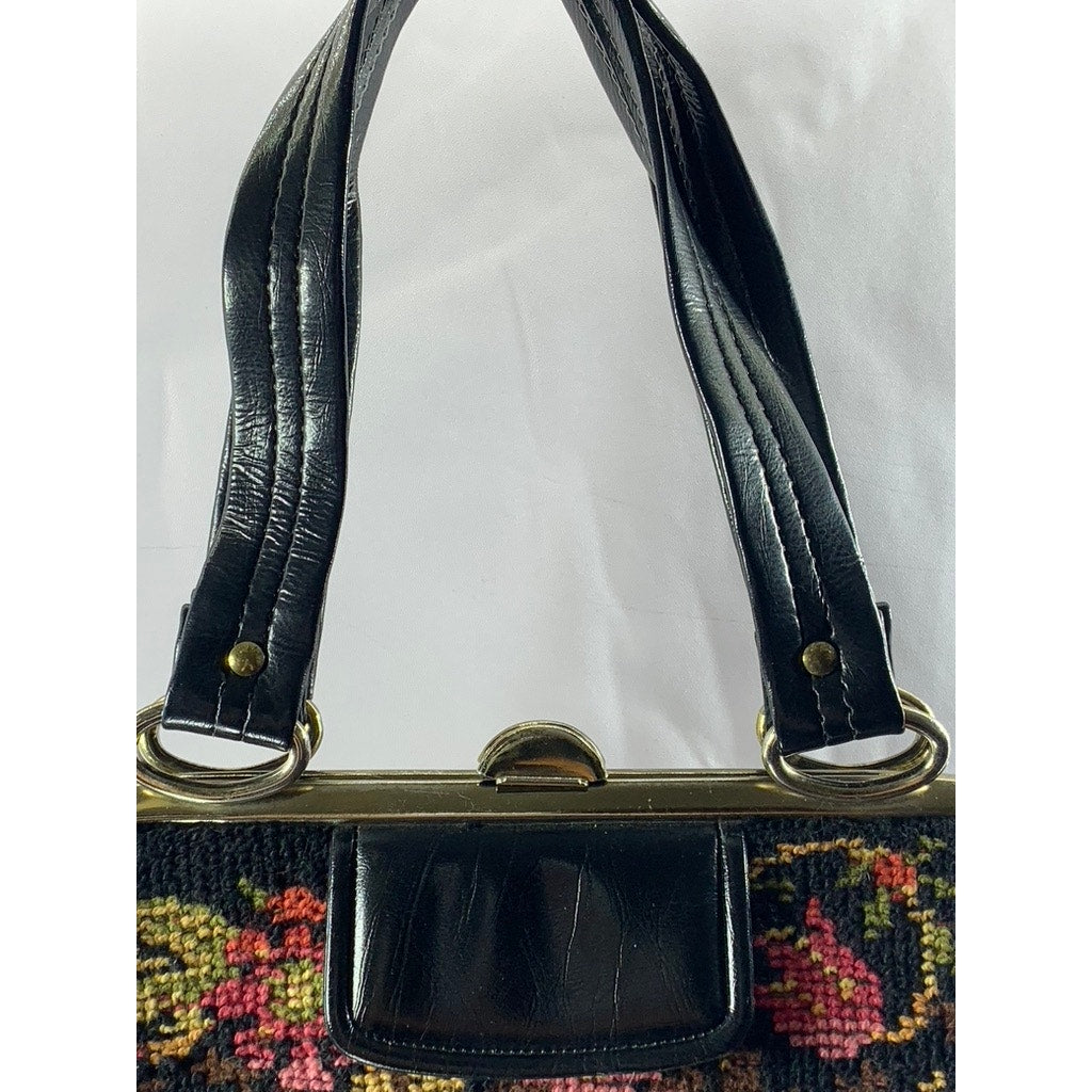Women's Black Needle-Point Vintage 60's Square Tapestry Carpet Chic Shoulder Bag