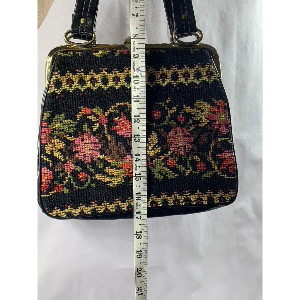 Women's Black Needle-Point Vintage 60's Square Tapestry Carpet Chic Shoulder Bag