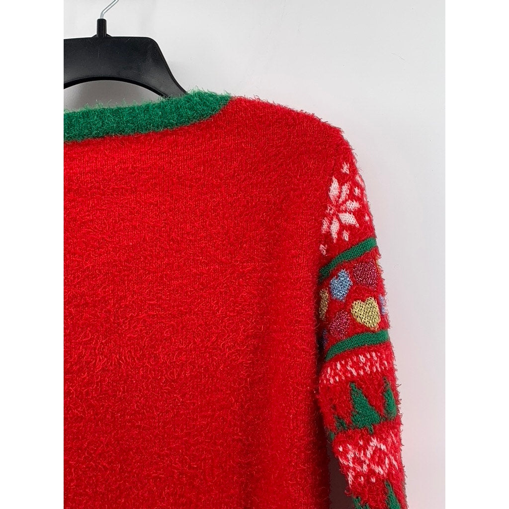 HOLIDAY TIME Girls' Plus Red-Green Faux-Fur Reindeer Knit Sweater SZ L(10/12)