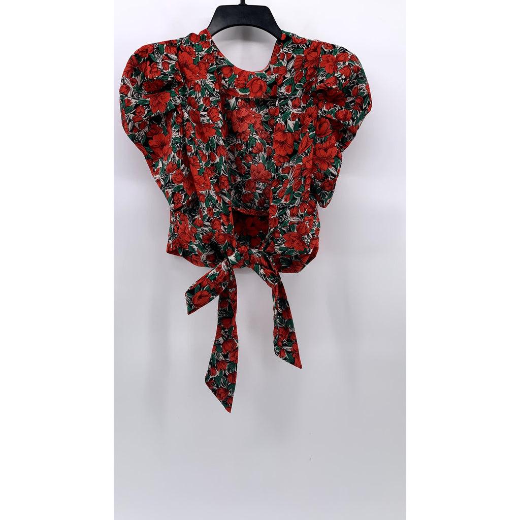 SHEIN Women's Red-Green Floral Short Puff Sleeve Wrap V-Neck Cropped Top SZ 4