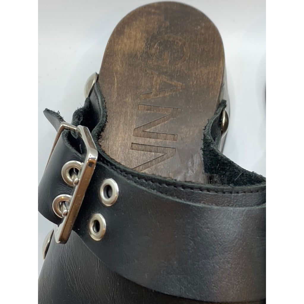 GANNI Women's Black Leather Retro Studded Slip-On Clog SZ 39(US9)