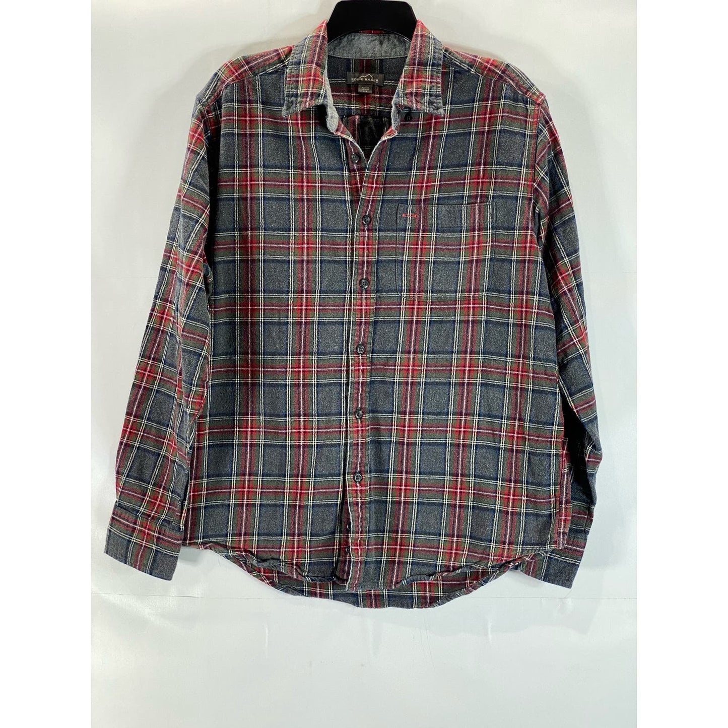 EDDIE BAUER Men's Grey/Red Plaid Button-Up Long Sleeve Flannel Shirt SZ L