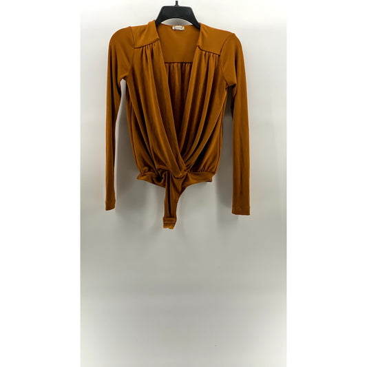 FREE PEOPLE INTIMATELY Women's Orange Surplice Pleated Long Sleeve Bodysuit SZXS