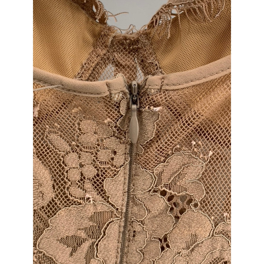 MISHA COLLECTION Women's Tan Lace V-Neck Spaghetti Strap Bodycon Midi Dress SZ 4