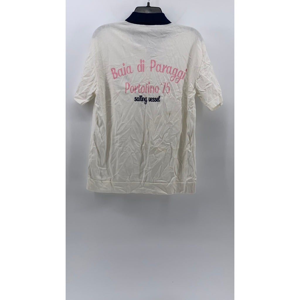 ZARA Men's White-Navy Bai Di Paraggi Embroidered Button-Up Polo Shirt SZ M