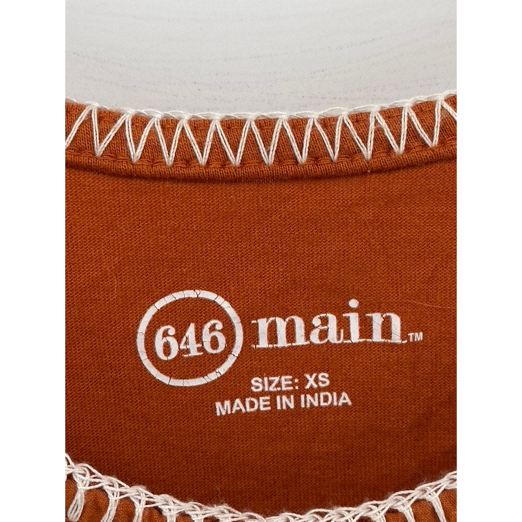 646 MAIN Women's Burnt Orange Embroidered Floral Trim Scoop-Neck Top SZ XS