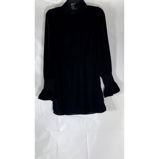 ZARA Women's Black Velvet Mock-Collar Long Bell Sleeve Mini Dress SZ XS