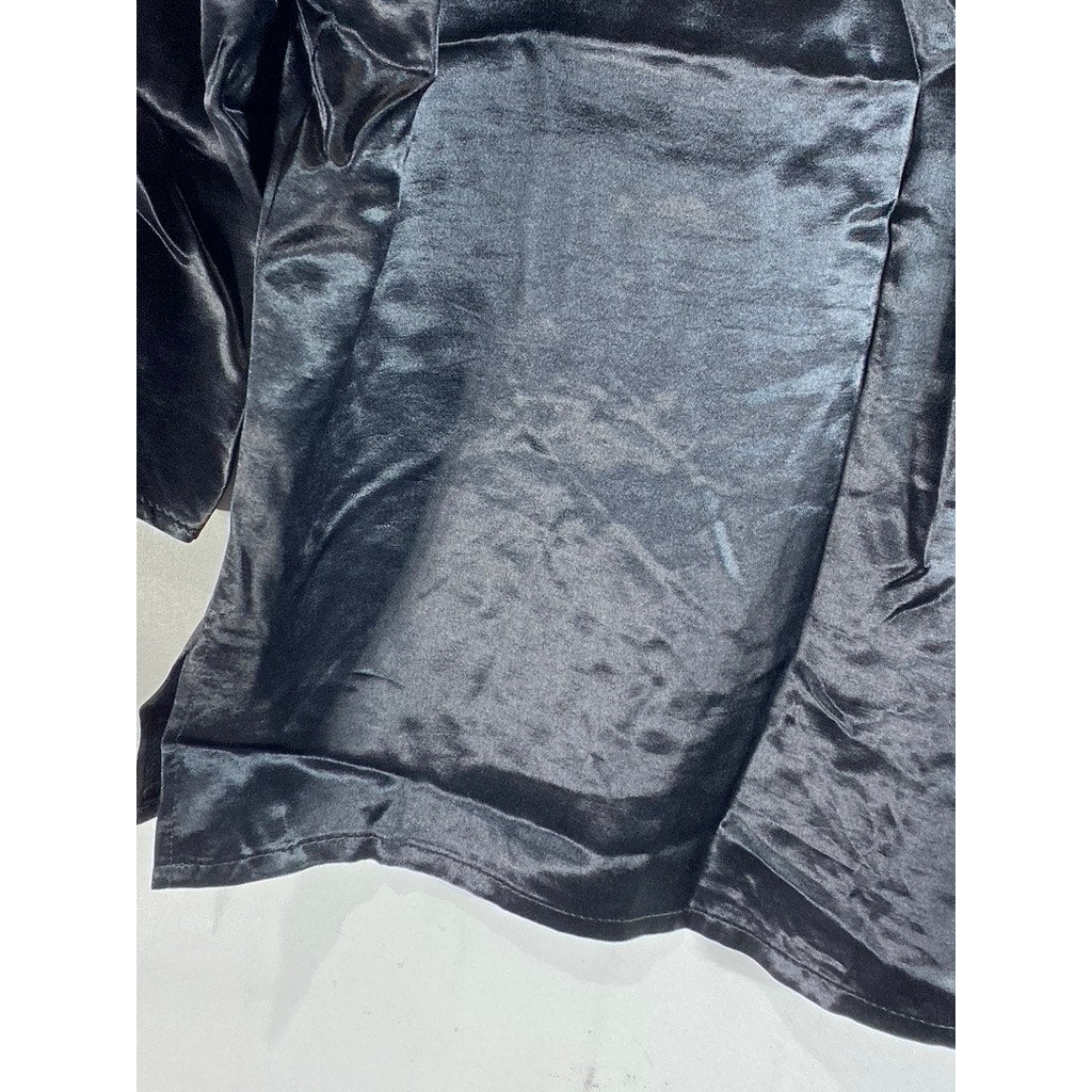 JF Women's Black Satin Crewneck Long Sleeve Lightweight Blouse SZ L