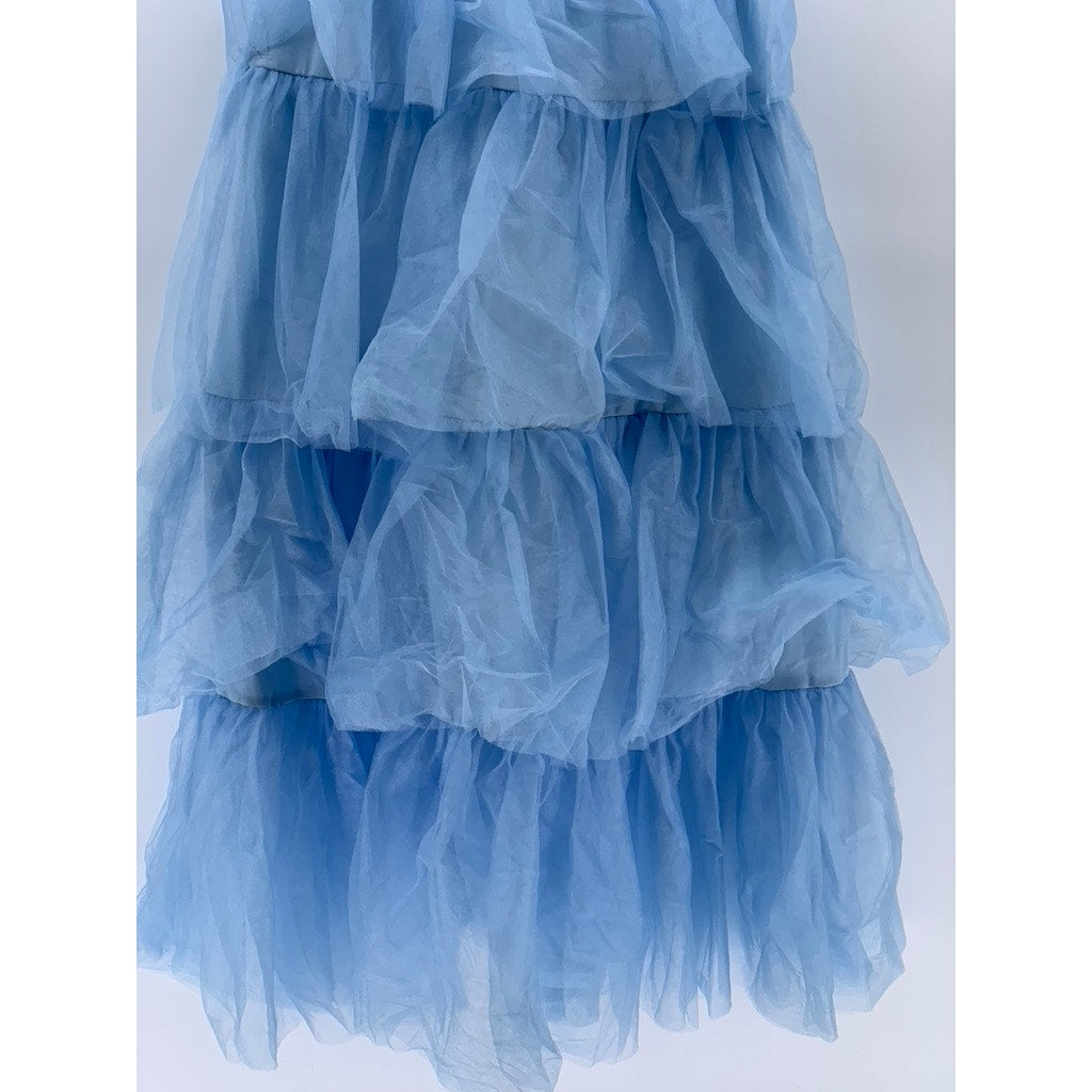 UNBRANDED Women's Light Blue Tulle Tiered Mock-Neck Sleeveless Maxi Dress SZ M
