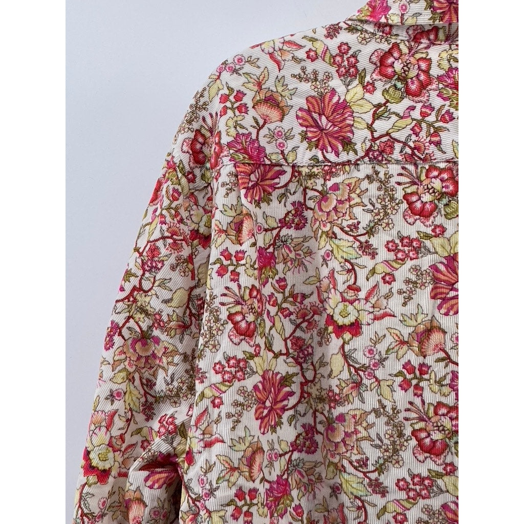LANDS' END Women's White-Red Floral Corduroy Regular-Fit Button-Up Top SZ M