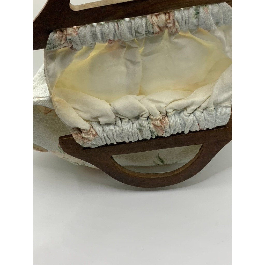 UNBRANDED Women's Mint/Brown Floral Print Cotton Canvas Handbag