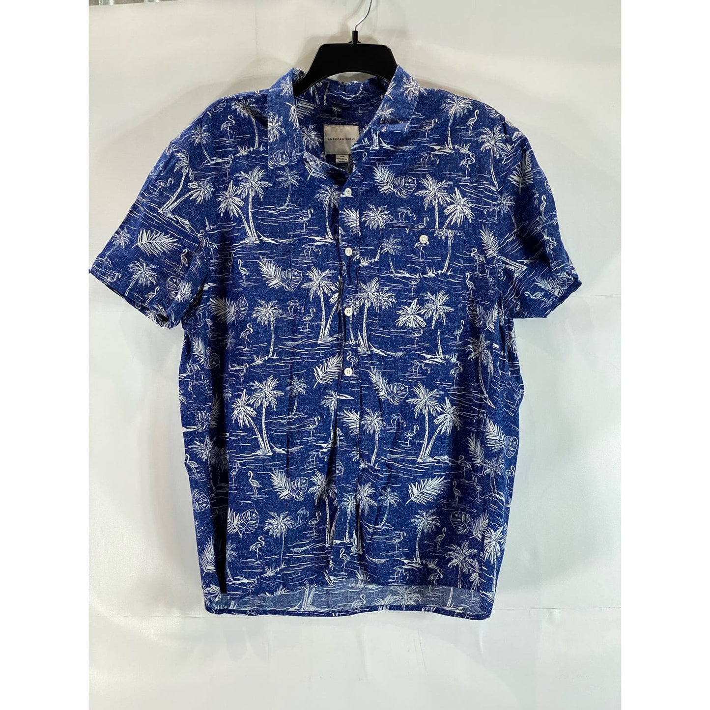 AMERICAN EAGLE Men's Blue Palm Tree Graphic Regular-Fit Button-Up Shirt SZ L