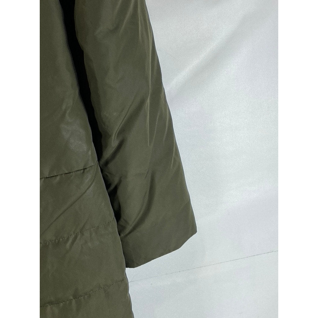 ELLEN TRACY Women's Olive Full-Zip Snap-Button Stand Collar Puffer Jacket SZ S