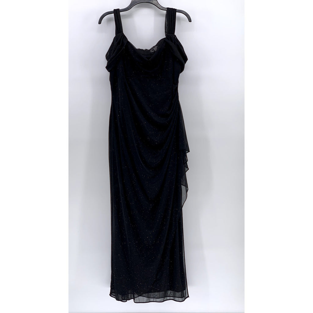 ALEX EVENINGS Women's Petite Black Shimmer Cold-Shoulder Draped Dress SZ 14P