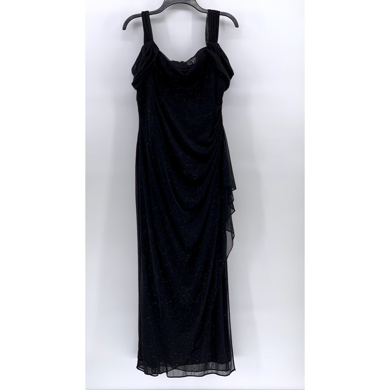 ALEX EVENINGS Women's Petite Black Shimmer Cold-Shoulder Draped Dress SZ 14P