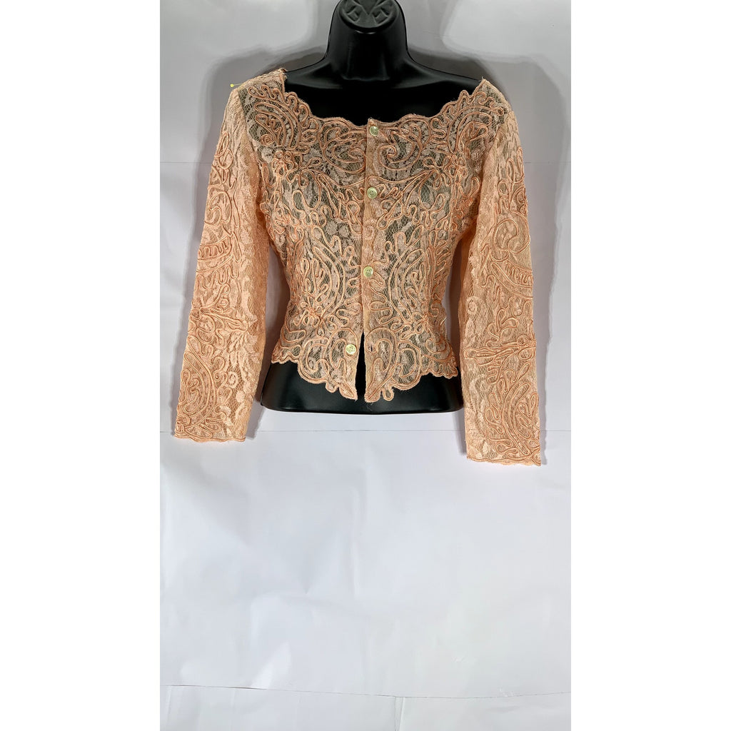 UNBRANDED Women's Pink Embroidered Lace Button-Up Long Sleeve Top SZ S
