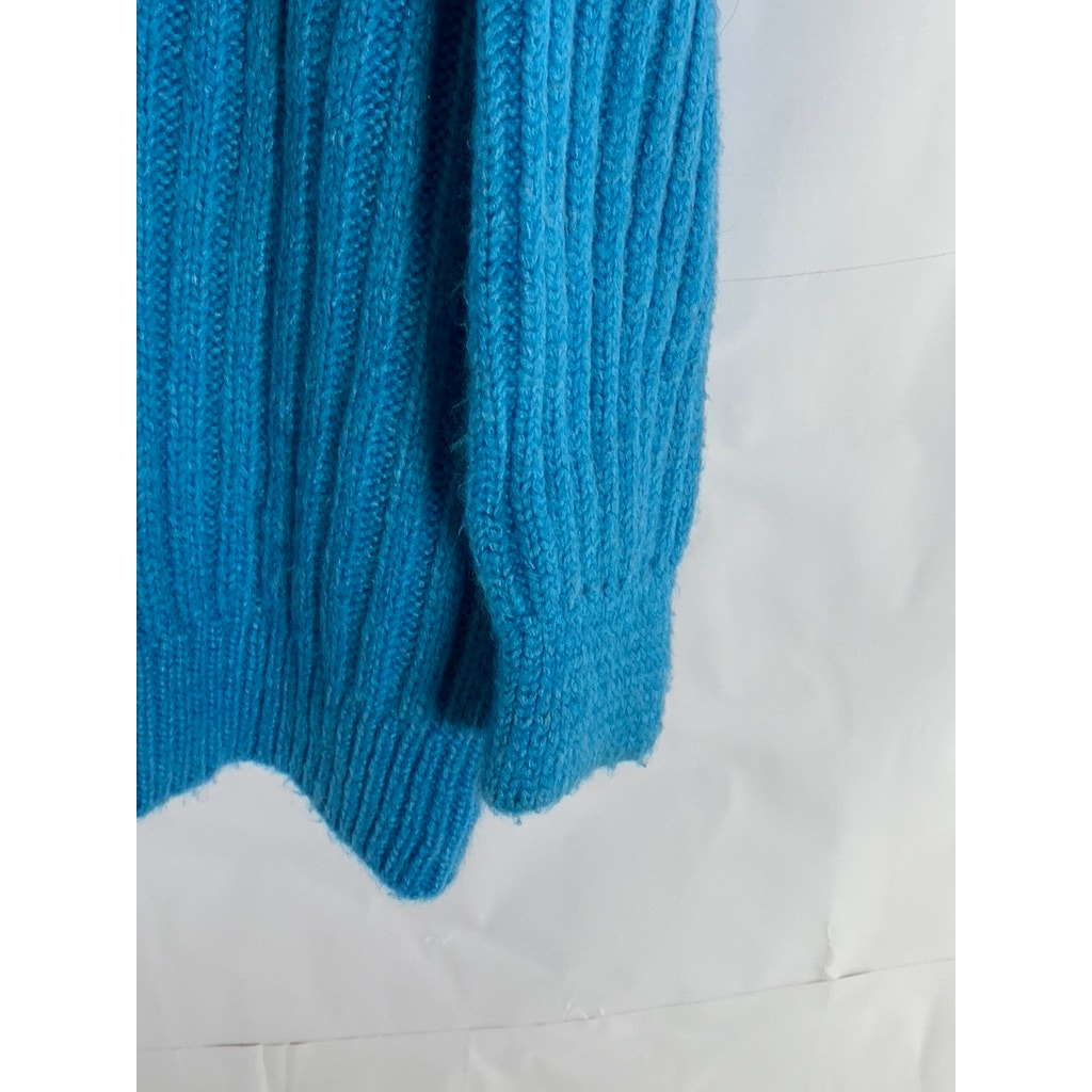 MANGO Women's Blue Ribbed V-Neck Button-Up Oversized Long Sleeve Cardigan SZ M