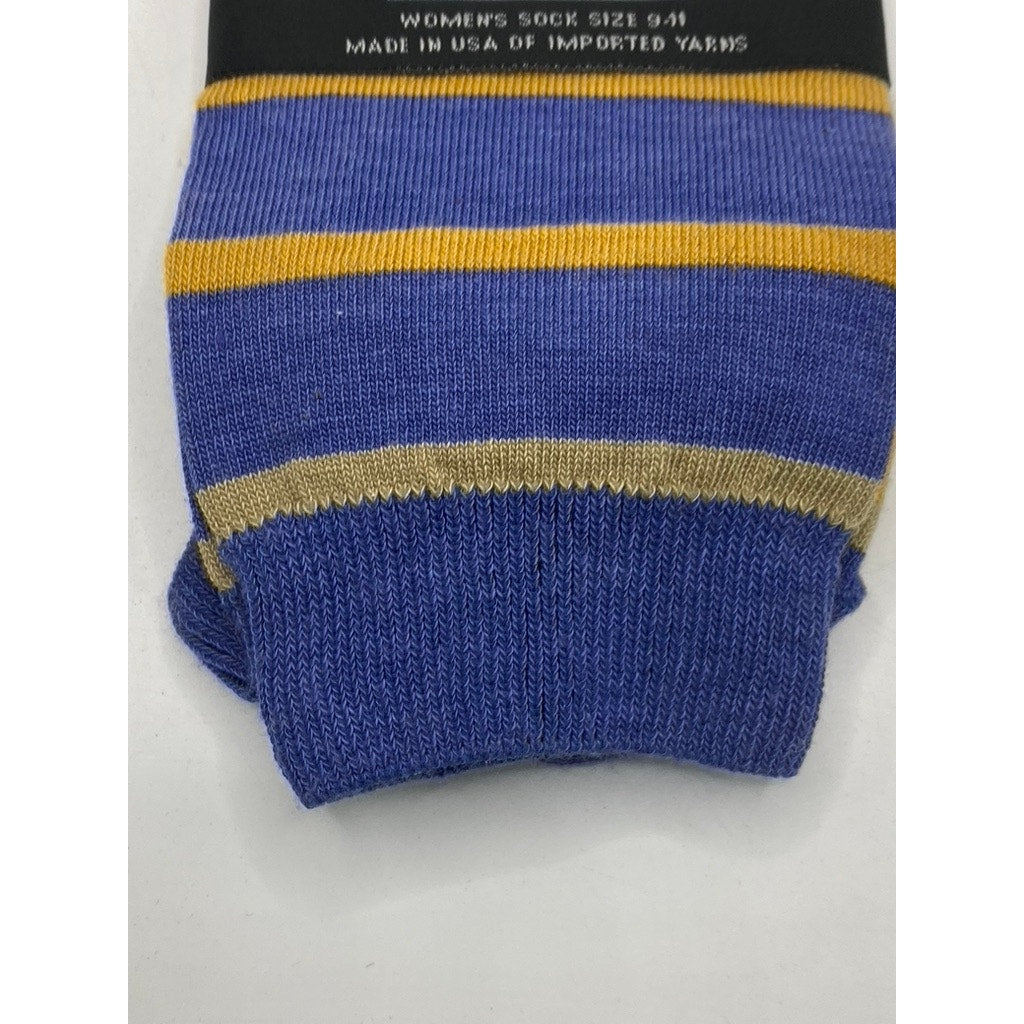 B.ELLA Women's Denim Blue-Gold Striped Knit Cotton-Blend Taryn Crew Socks SZ OS