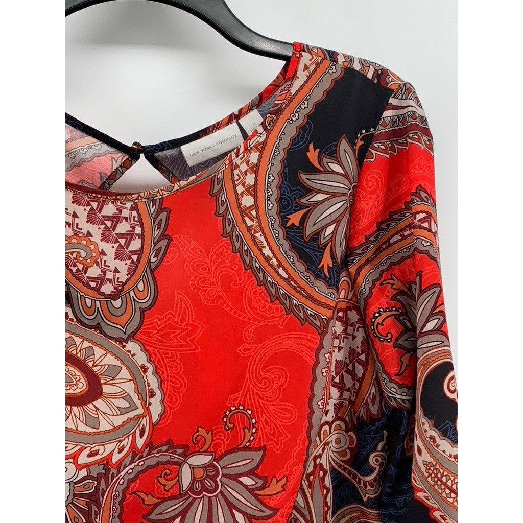 NEW YORK & COMPANY Women's Red Paisley Print Long Bell Sleeve Top SZ M