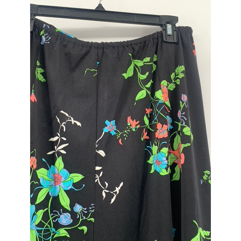 UNBRANDED Women's Black-Blue Green Floral Print Pull-On A-line Midi Skirt SZ M