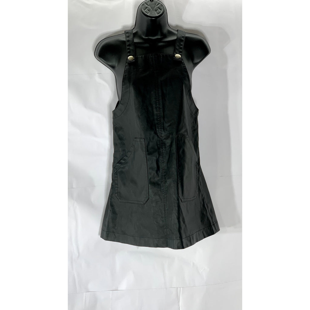 ZARA Girls Black Faux-Leather Snap-Button Overall Short Dress SZ 10