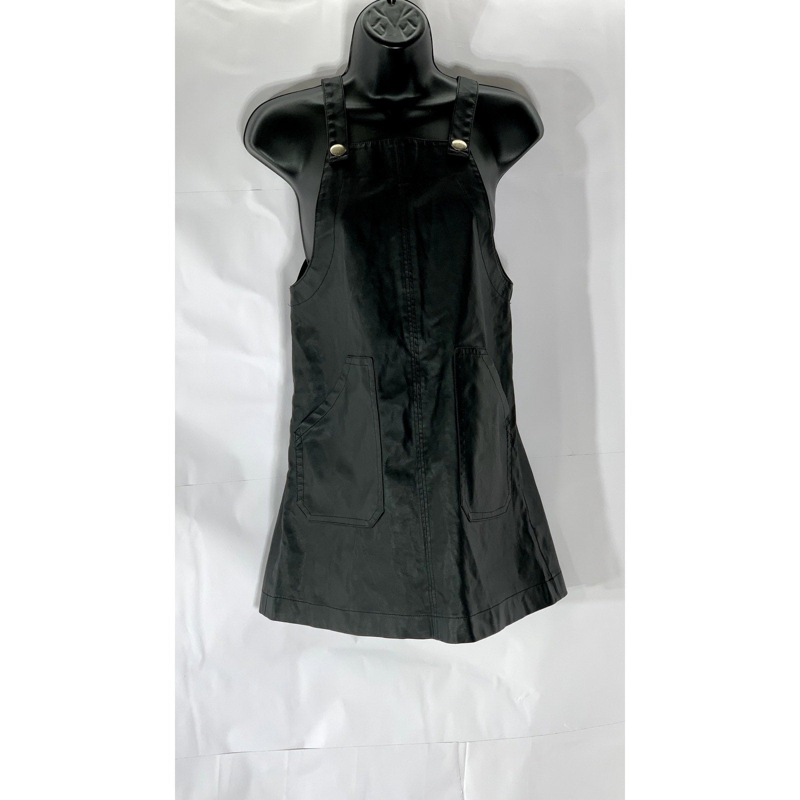ZARA Girls Black Faux-Leather Snap-Button Overall Short Dress SZ 10
