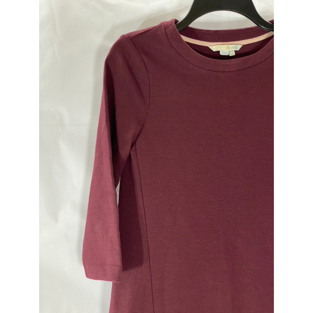 BODEN Women's Burgundy Crewneck Ribbed Regular-Fit 3/4 Sleeve Mini Dress SZ 2
