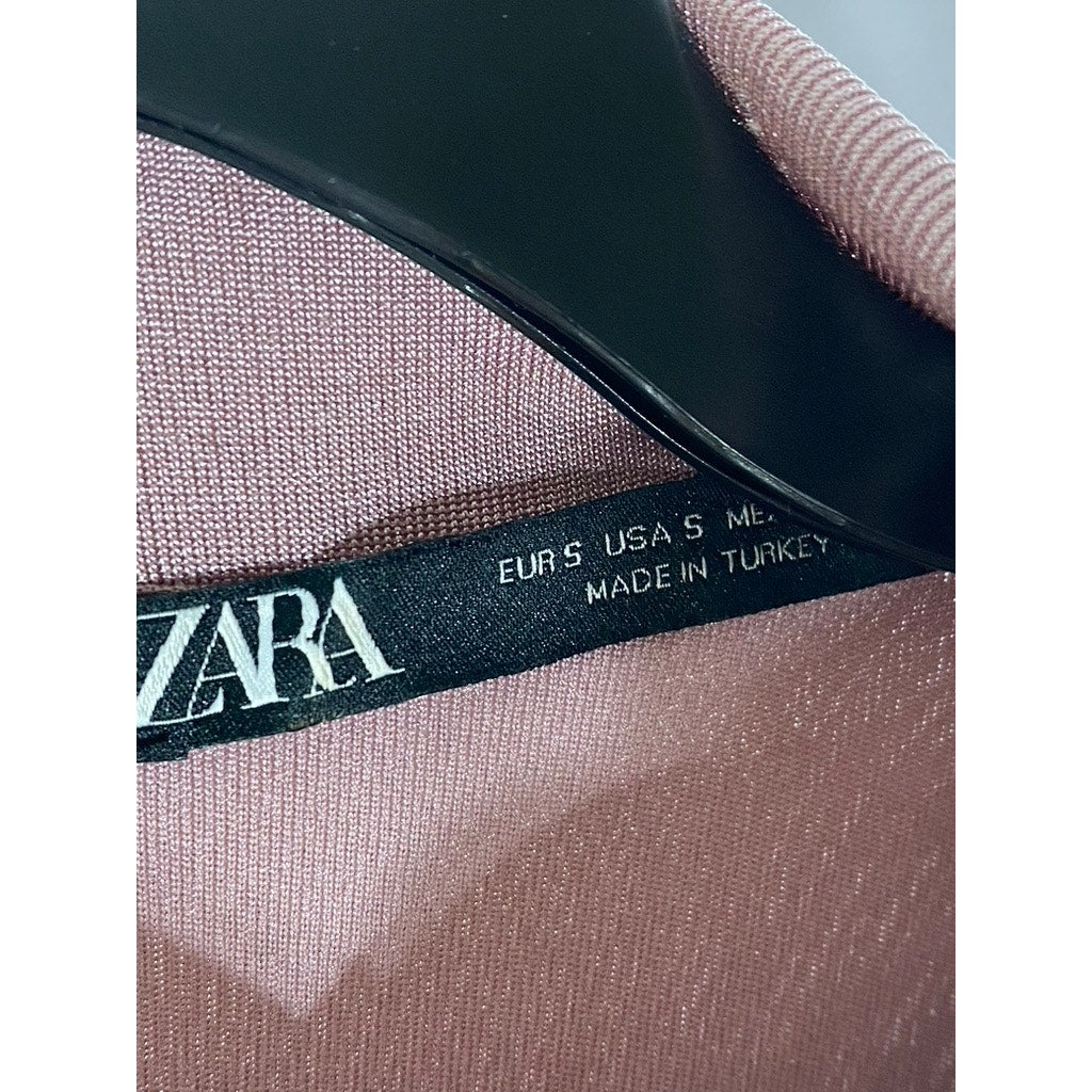 ZARA Women’s Pink Silk Mock-Neck Long Sleeve Side-Ruched Mini Dress SZ S