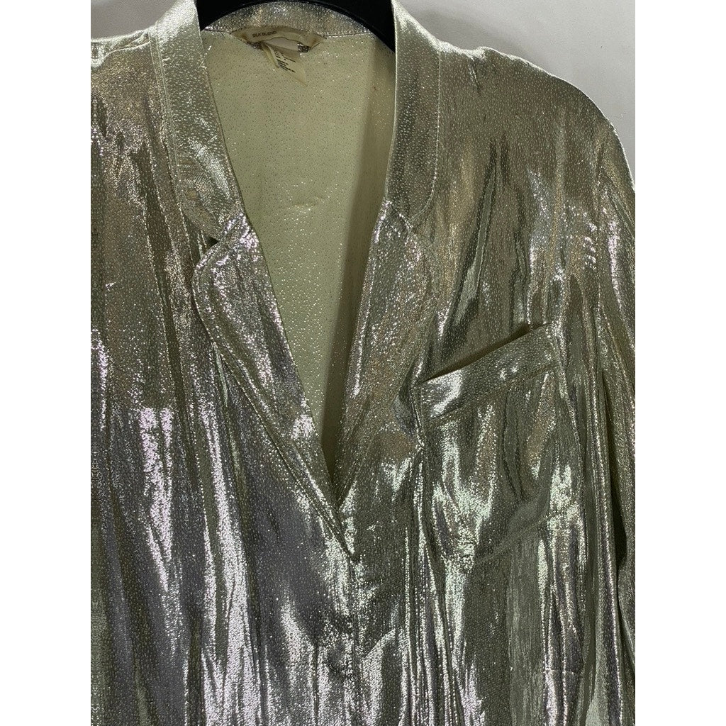 H&M Women’s Silver Silk-Blend Metallic Shimmering Button-Up Long Sleeve Top SZ 4