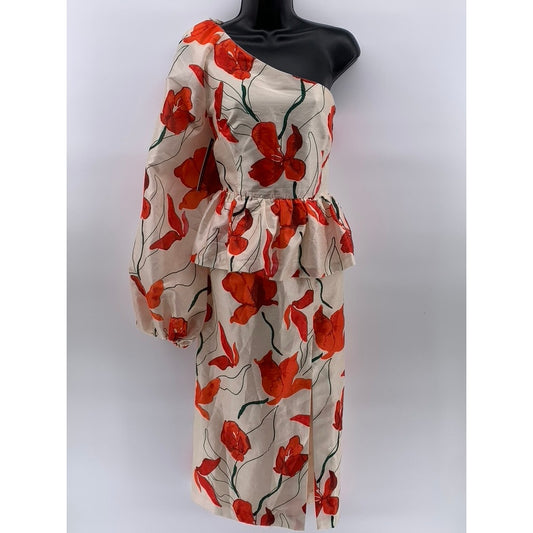 ANTHROPOLOGIE X HUTCH Women's White-Red Floral One-Shoulder Ruffle Dress SZ 10