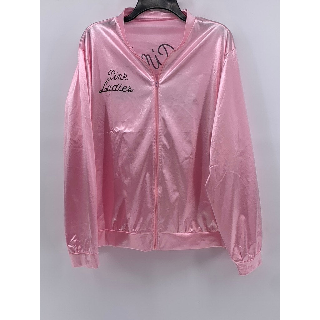 UNBRANDED Women's Light Pink Satin Collarless Script Logo Zip-Up Jacket SZ 3XL