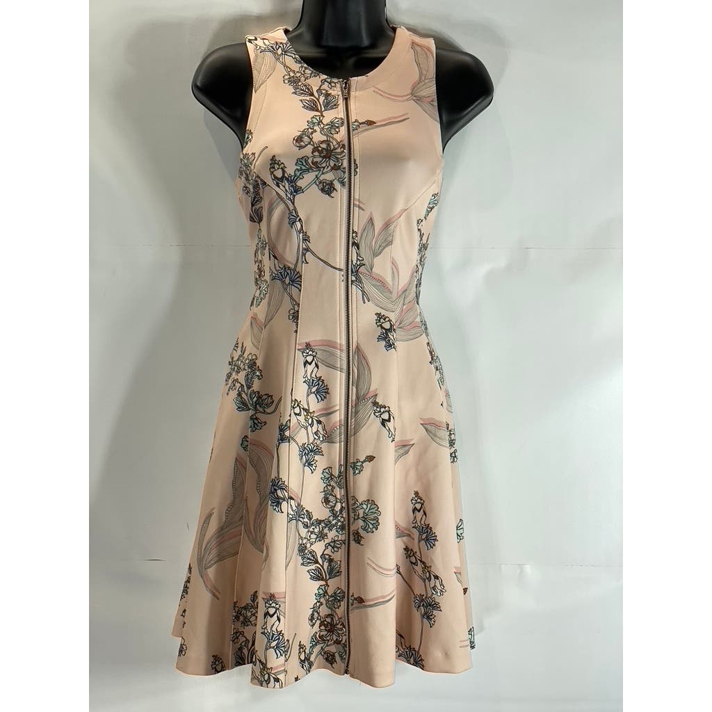 BAR III Women's Beige Floral Sleeveless Front-Zipper Fit & Flare Mini Dress SZ S