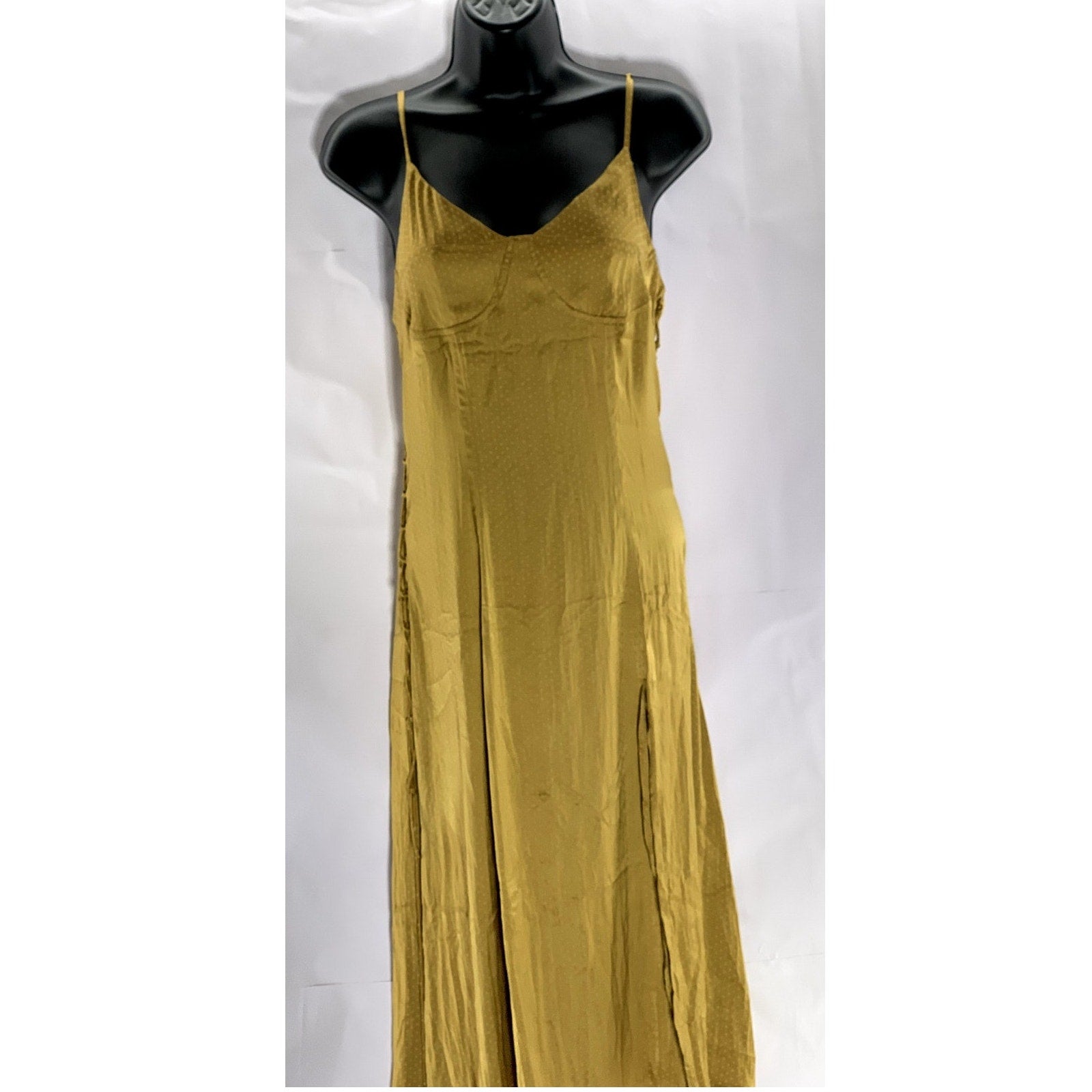 SIMPLE RETRO Women's Gold Micro Dot Print V-Neck Side Slit Midi Dress SZ S