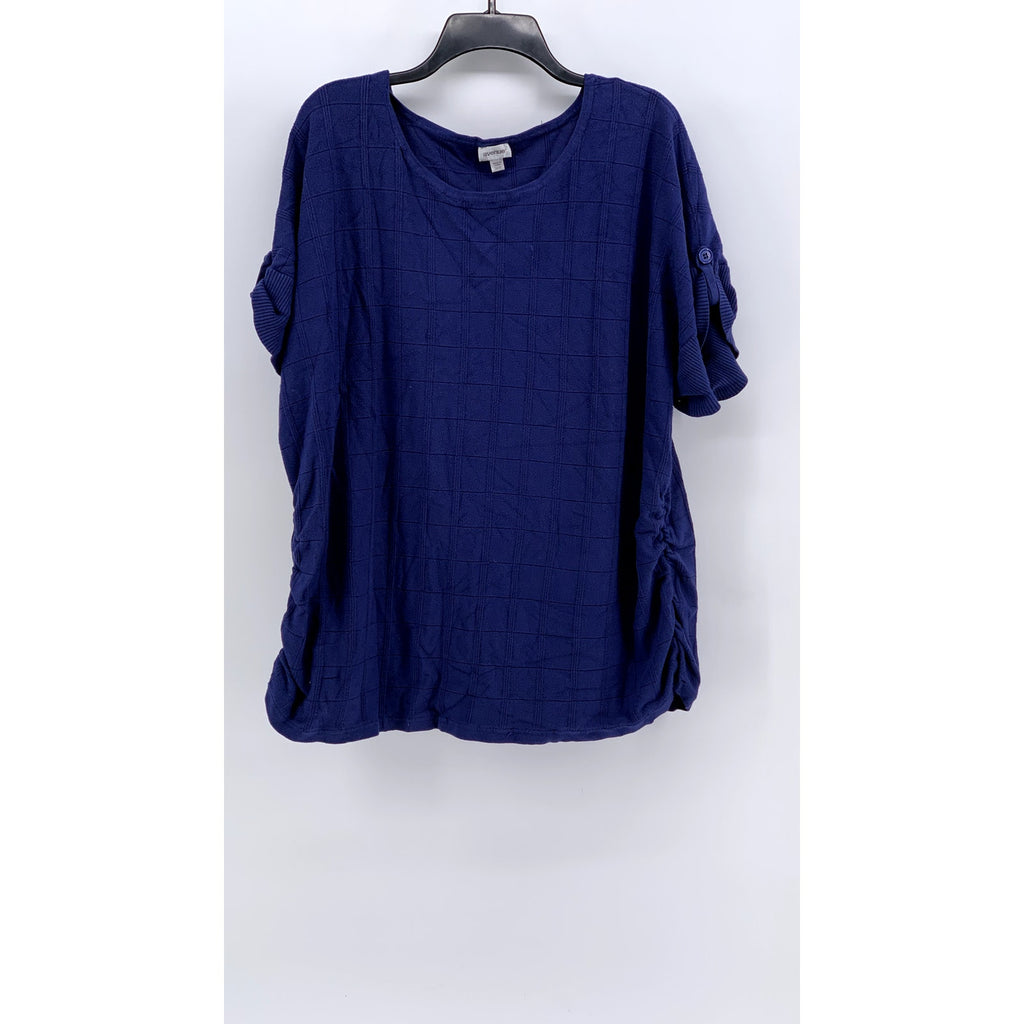 AVENUE Women's Plus Navy Side Ruched Windowpane Short Sleeve Top SZ 26/28