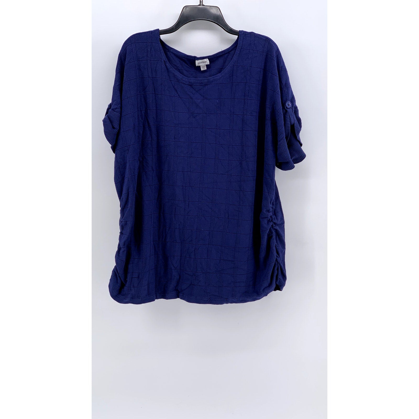 AVENUE Women's Plus Navy Side Ruched Windowpane Short Sleeve Top SZ 26/28