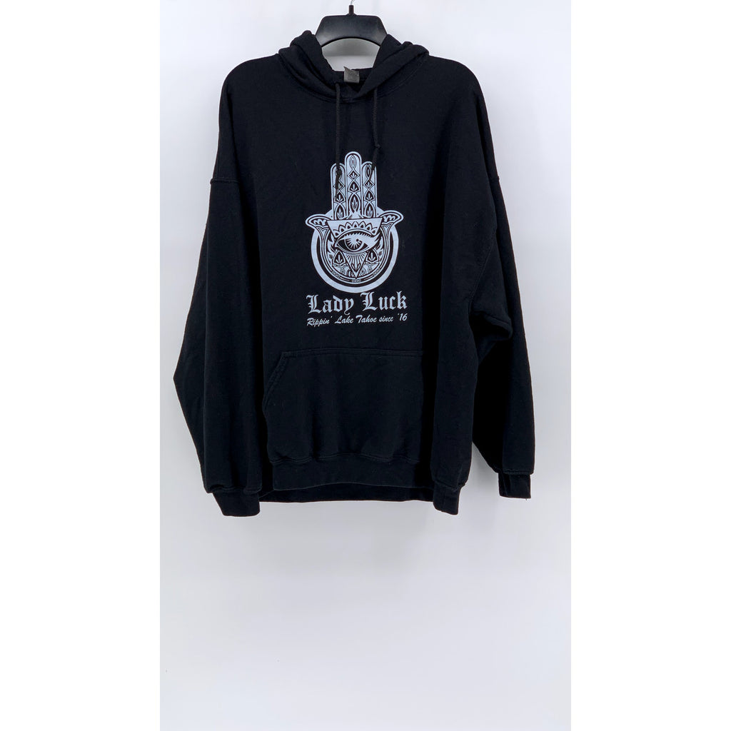 GILDAN Unisex Black-White Lady Luck Graphic Hoodie SZ 2XL