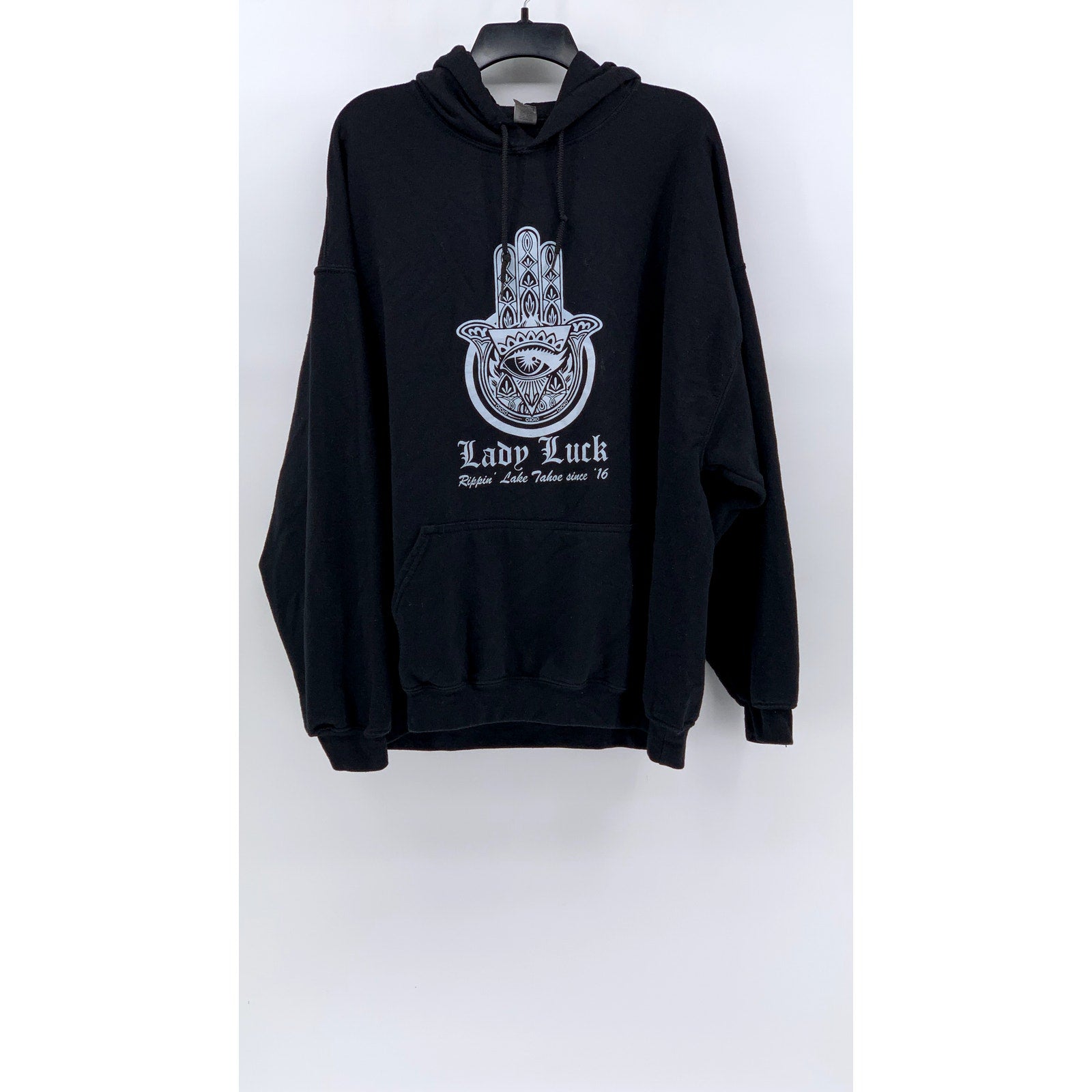 GILDAN Unisex Black-White Lady Luck Graphic Hoodie SZ 2XL