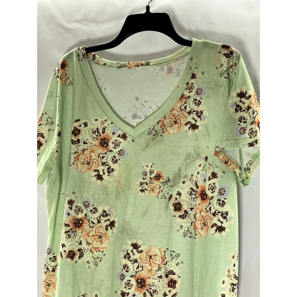 UNBRANDED Women's Light Green Floral Print V-Neck Short Sleeve Top SZ XL