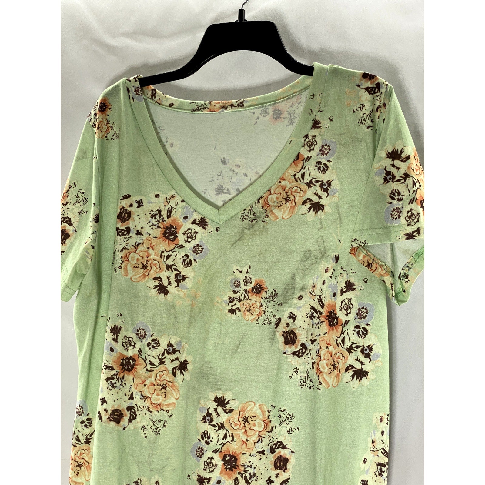 UNBRANDED Women's Light Green Floral Print V-Neck Short Sleeve Top SZ XL