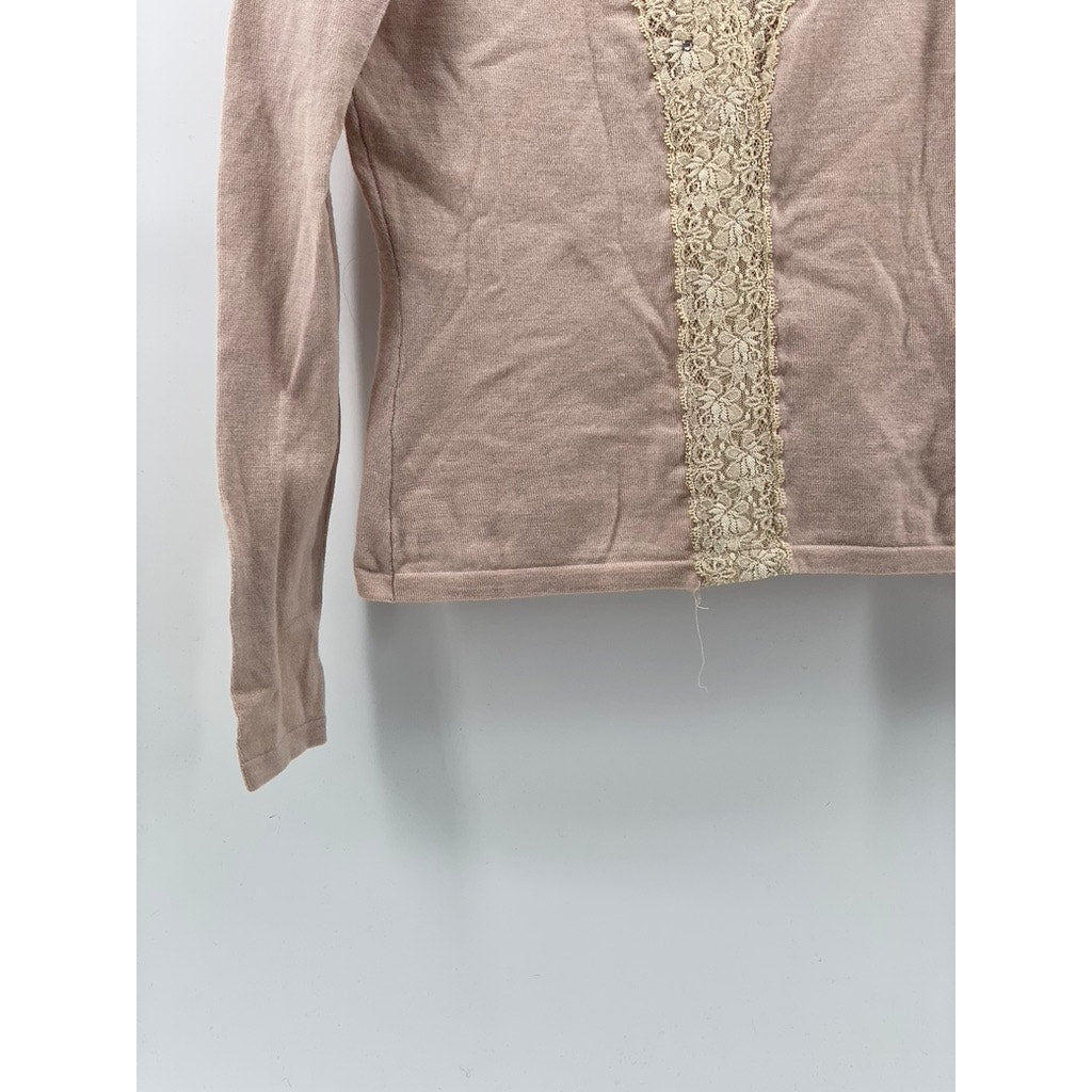 ARMAND VENTILO Women's Light Pink-Beige Wool-Blend V-Neck Lace-Trim Sweater SZ M