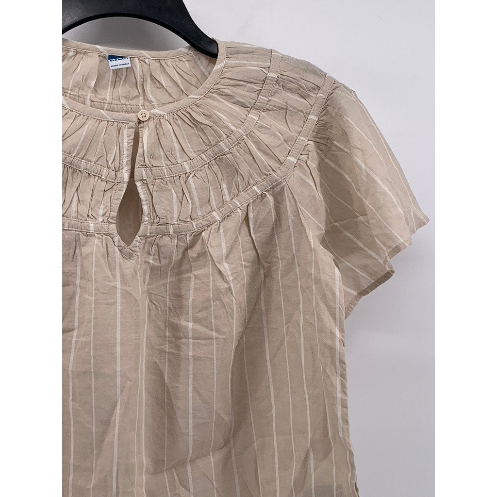OLD NAVY Women's Beige-White Striped Shirred Flutter-Sleeve Keyhole Top SZ S
