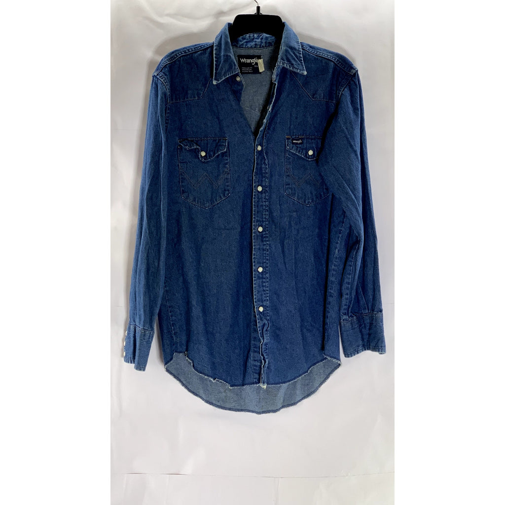 WRANGLER Men's Dark Blue Denim Regular-Fit Distressed Button-Up Shirt SZ 15.5 33