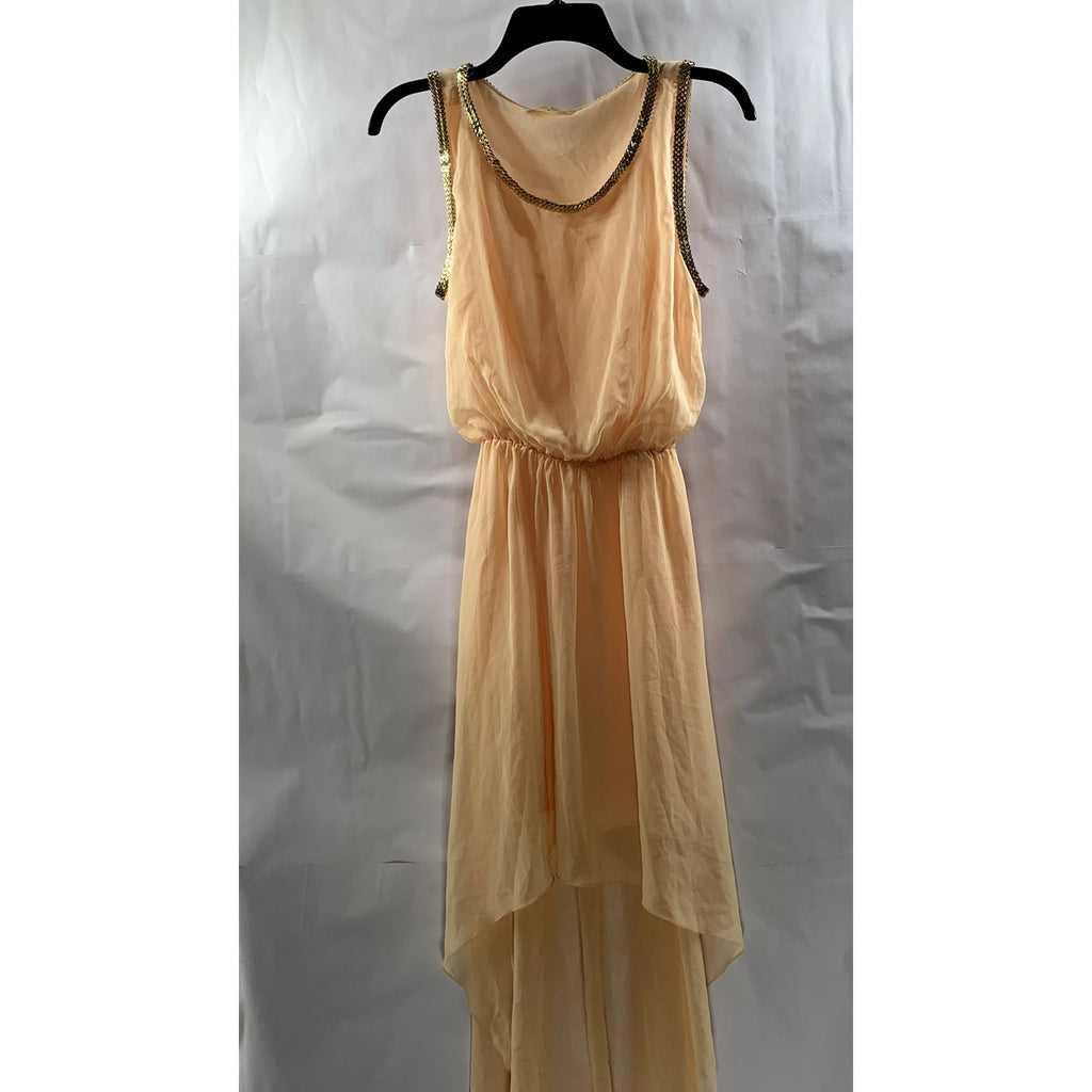 DOUBLE ZERO Women’s Beige Embellished Trim Sheer Scoop-Neck Hi-Low Dress SZ S