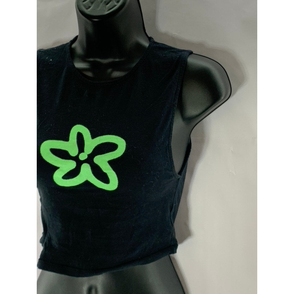 MOTEL Women's Black/Green Flower Crewneck Cutout Sleeveless Crop Top SZ S