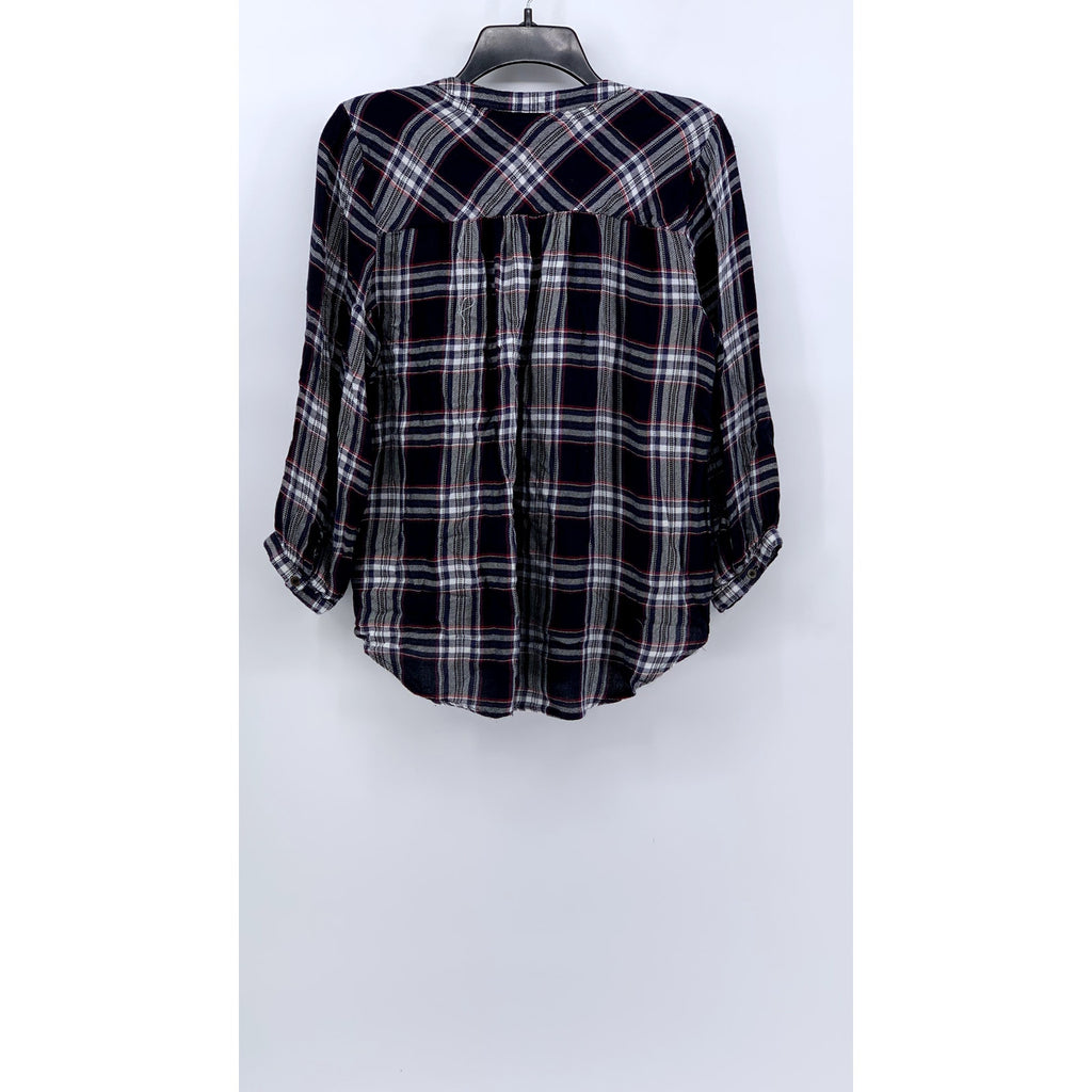 KNOX ROSE Women's Blue-Red Embroidered Popover Long Sleeve Flannel Top SZ L