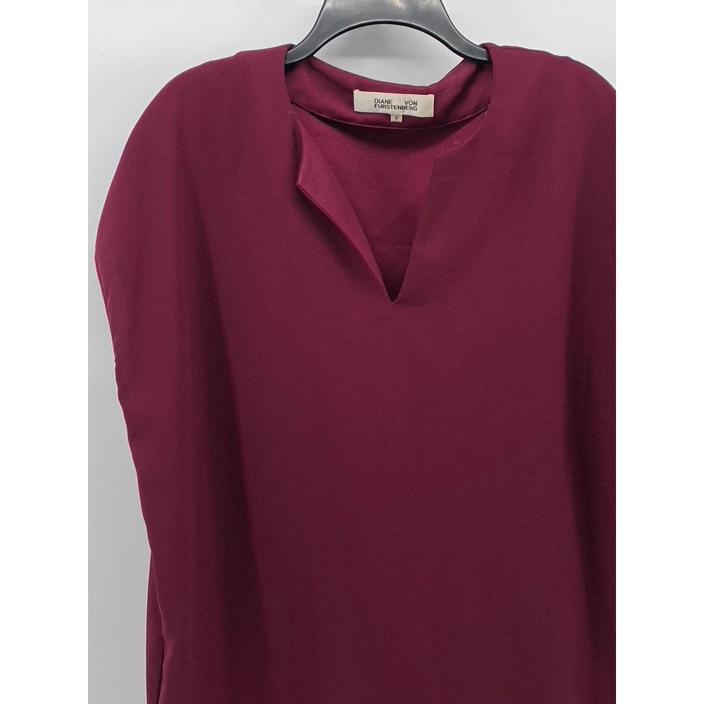 DIANE VON FURSTENBERG Women's Burgundy Split-Neck Kora Short Sleeve Dress SZ S